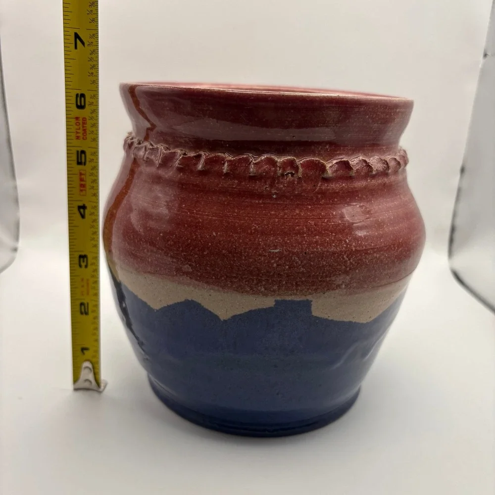 Running Doe Studio Pottery Vase Red Blue Glazed Signed Indian Mtn GA 1998 6.5